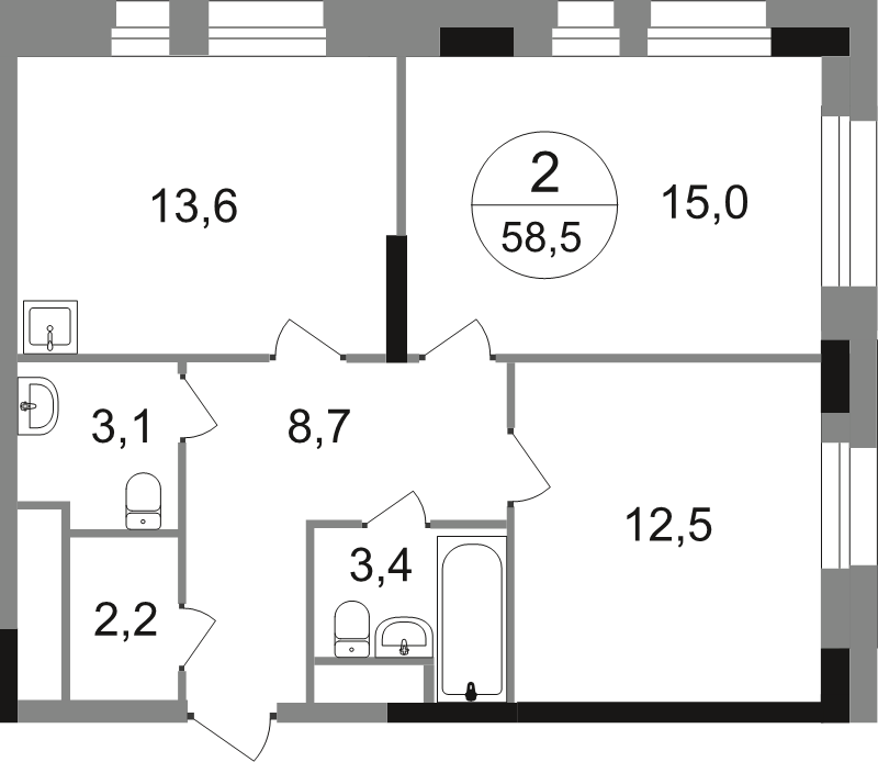 2 ккв 58,5 м²