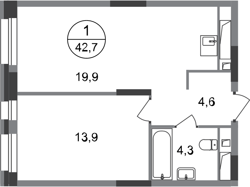 2 ккв (Евро) 42,7 м²