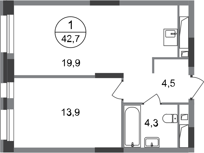 2 ккв (Евро) 42,7 м²