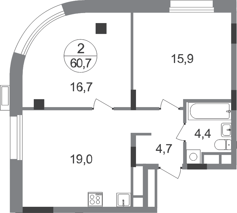 3 ккв (Евро) 60,7 м²