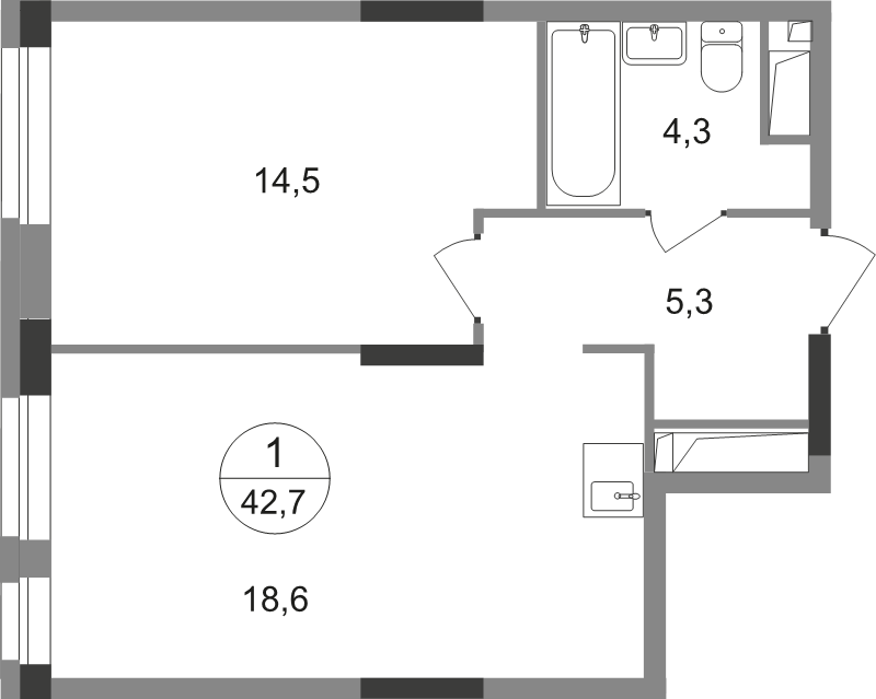 2 ккв (Евро) 42,7 м²