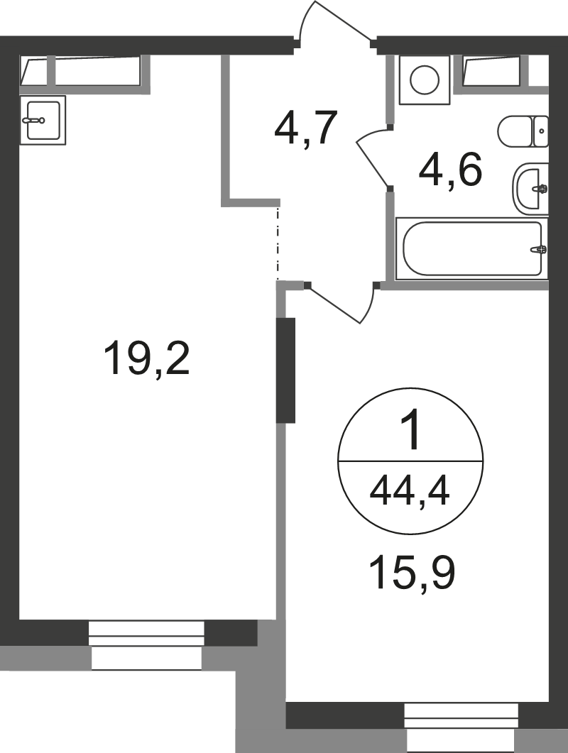2 ккв (Евро) 44,4 м²