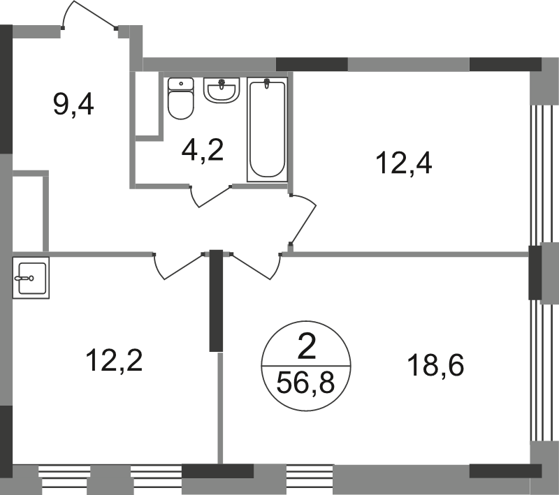 2 ккв 56,8 м²