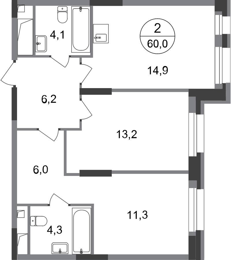 3 ккв (Евро) 60 м²