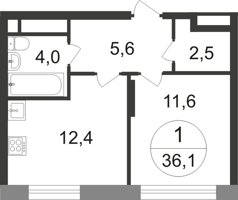 1 ккв 36,4 м²