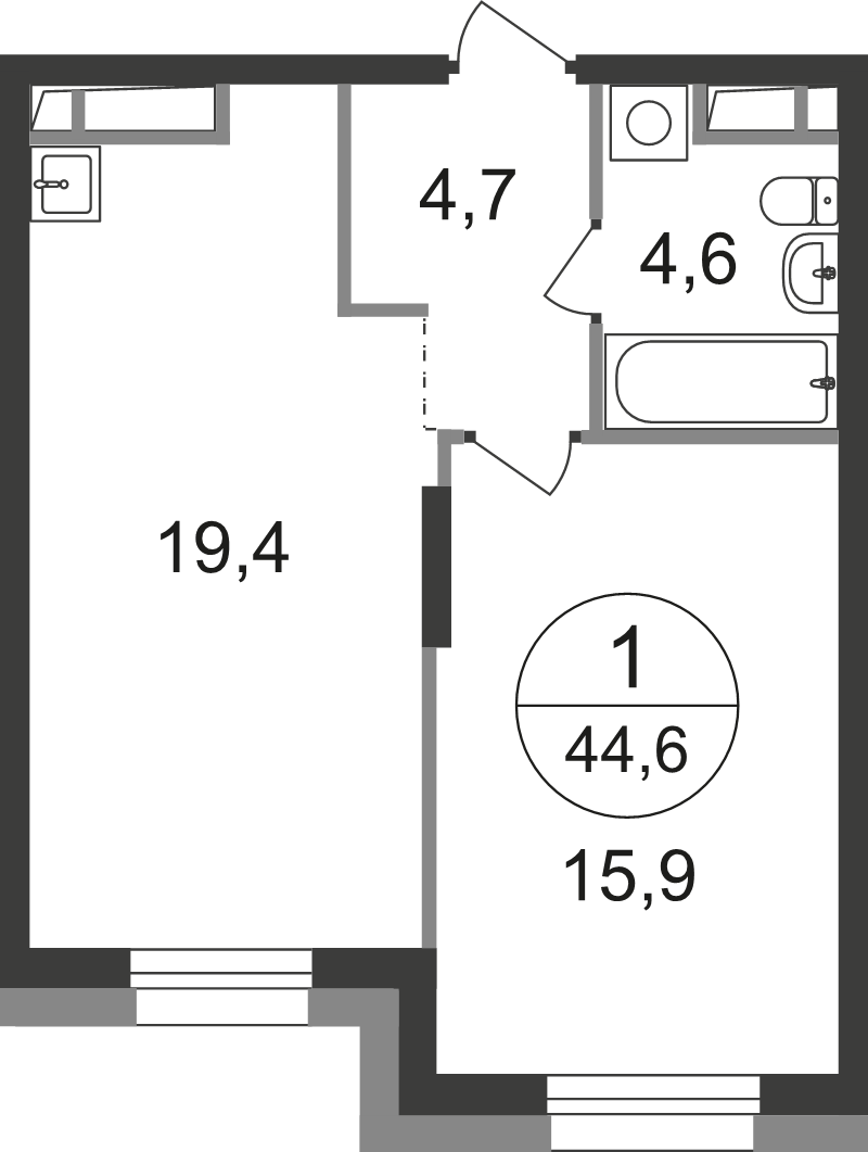 2 ккв (Евро) 44,6 м²