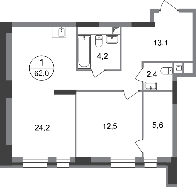 2 ккв (Евро) 62 м²