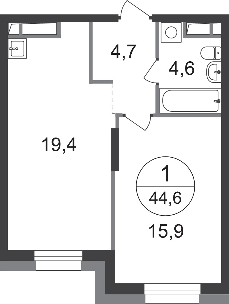 2 ккв (Евро) 44,6 м²