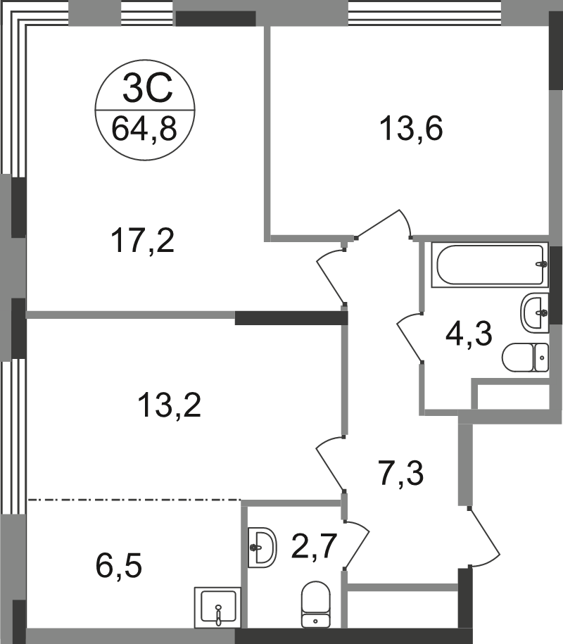 3 ккв (Евро) 64,8 м²