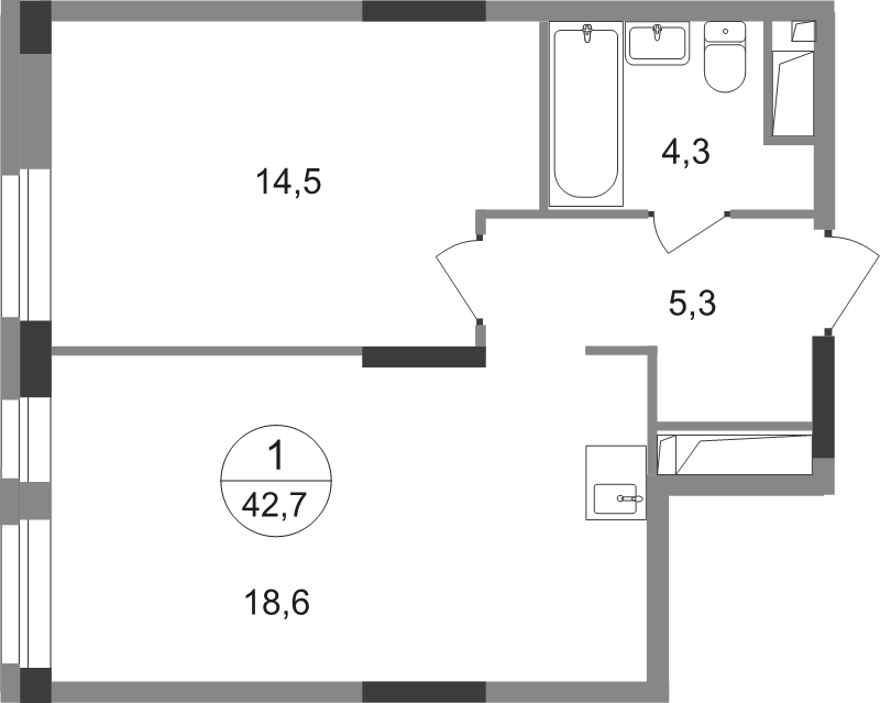 2 ккв (Евро) 42,7 м²