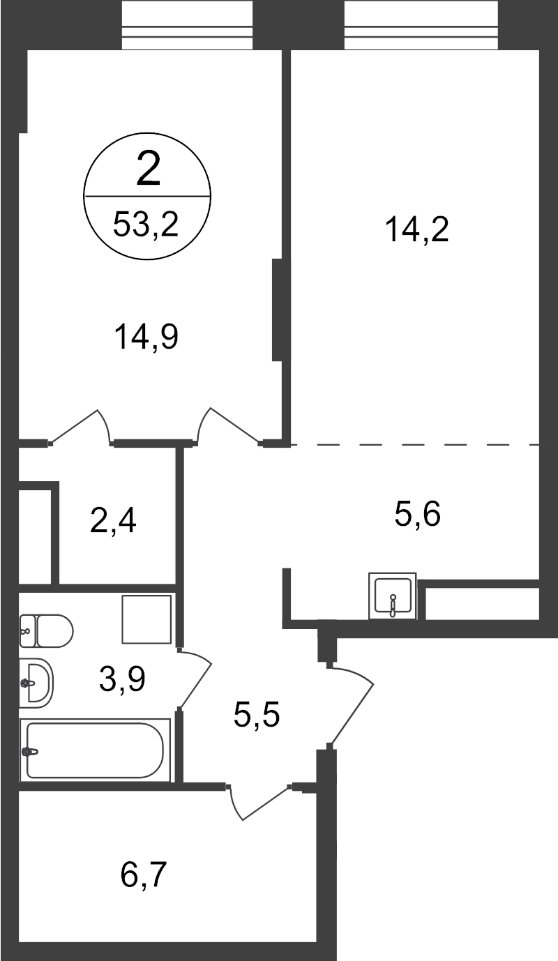2 ккв (Евро) 53,2 м²