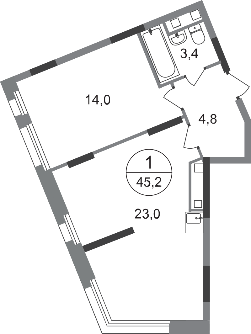 2 ккв (Евро) 45,2 м²