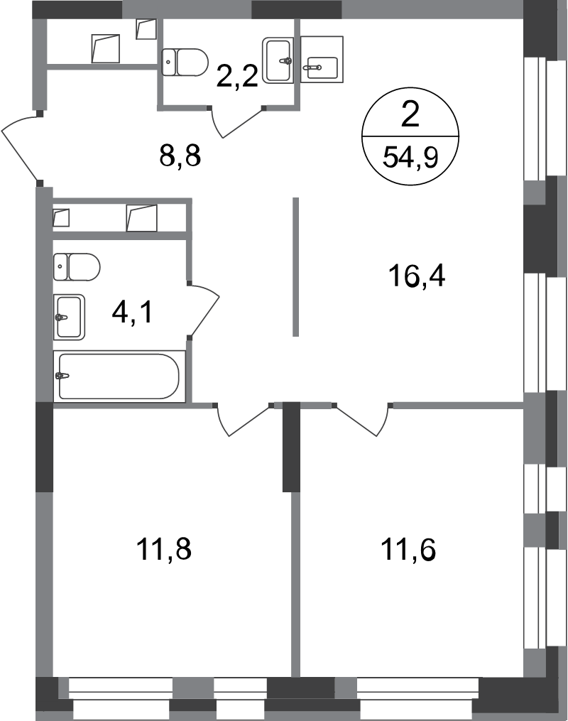 3 ккв (Евро) 54,9 м²