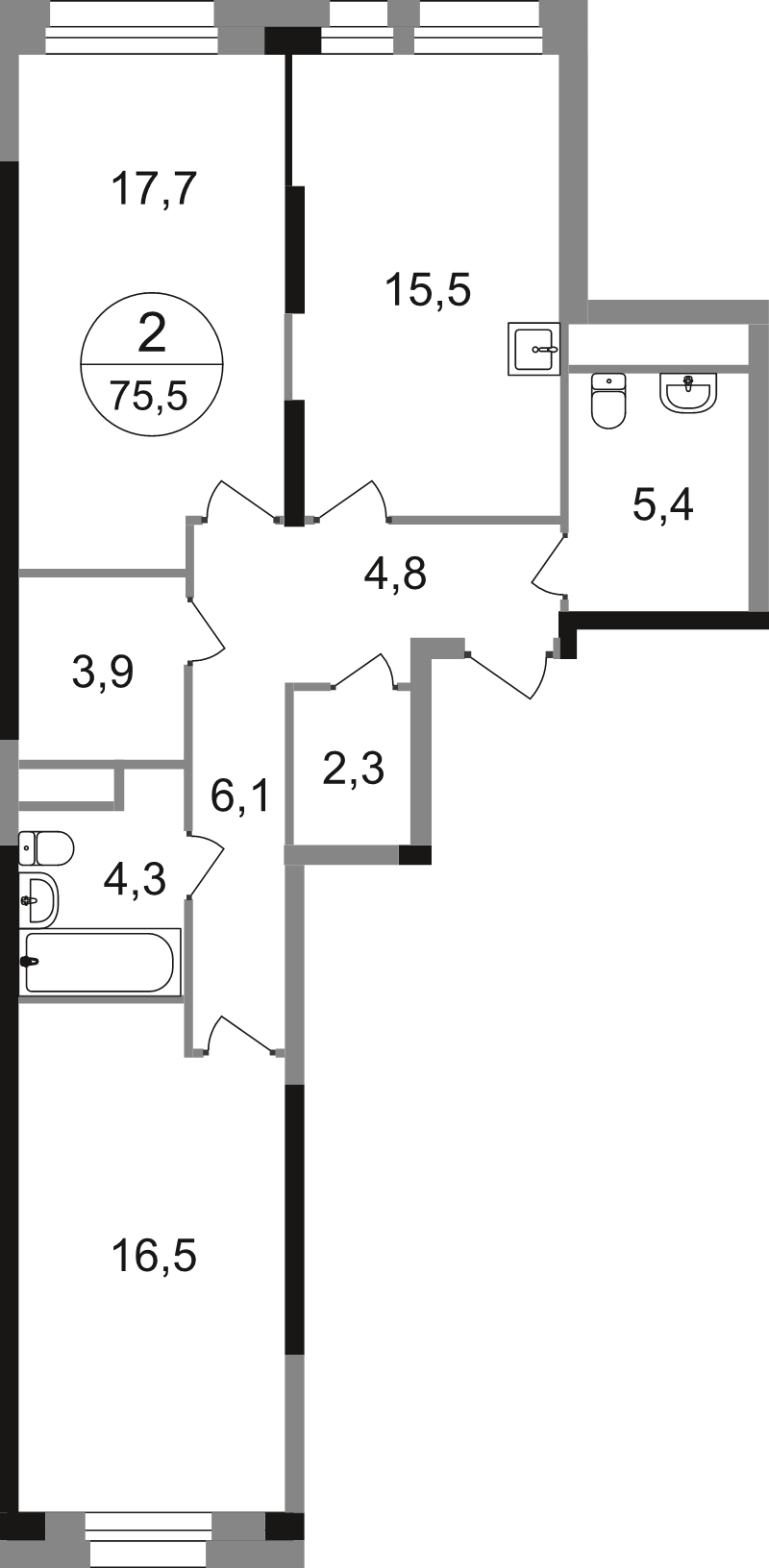3 ккв (Евро) 76,5 м²