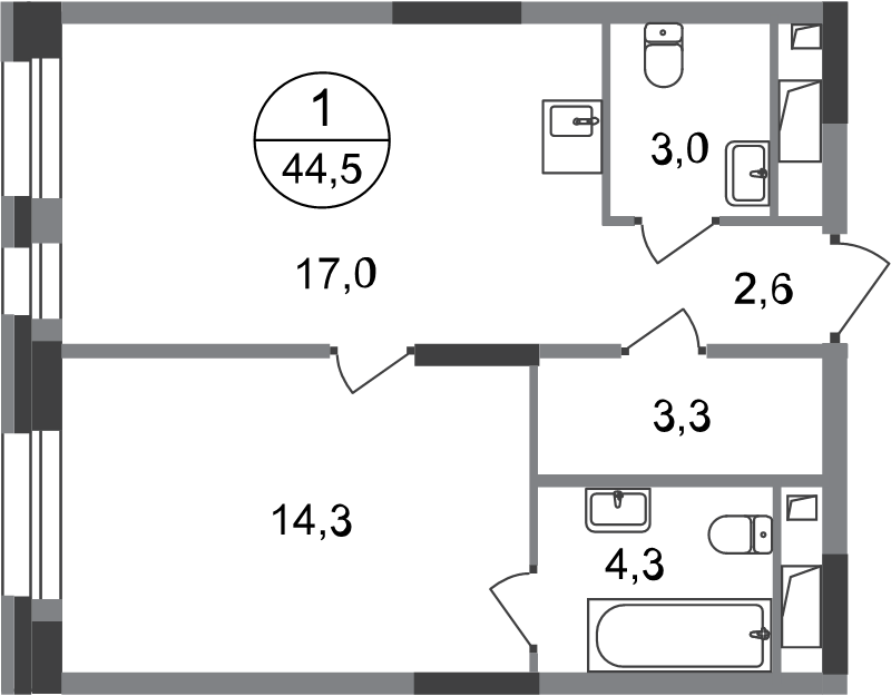 2 ккв (Евро) 44,5 м²