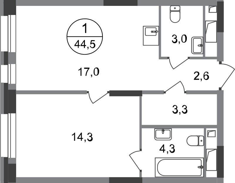2 ккв (Евро) 44,5 м²