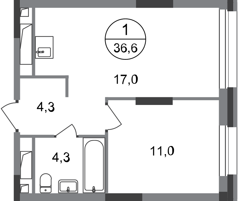 2 ккв (Евро) 36,6 м²