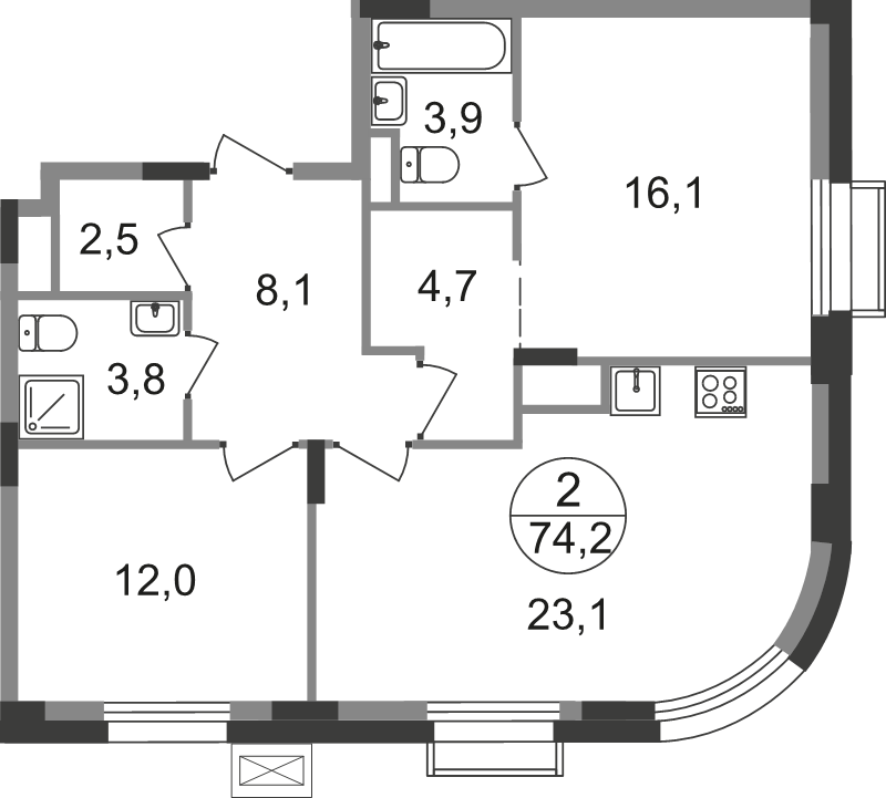 3 ккв (Евро) 74,2 м²