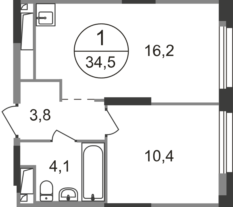 2 ккв (Евро) 34,5 м²