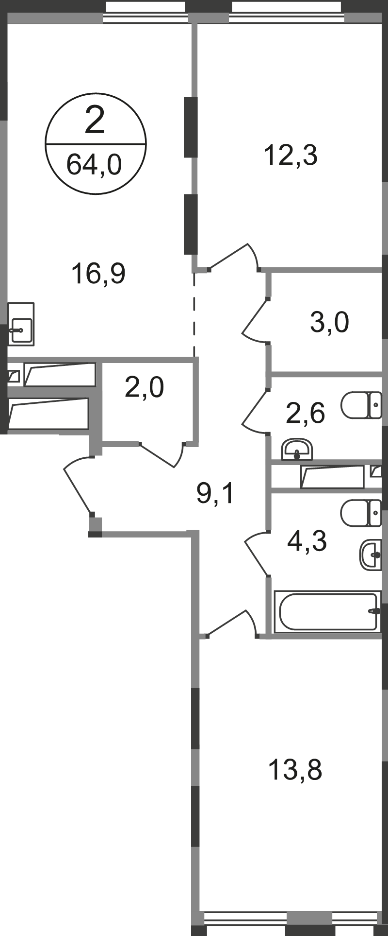 3 ккв (Евро) 64 м²