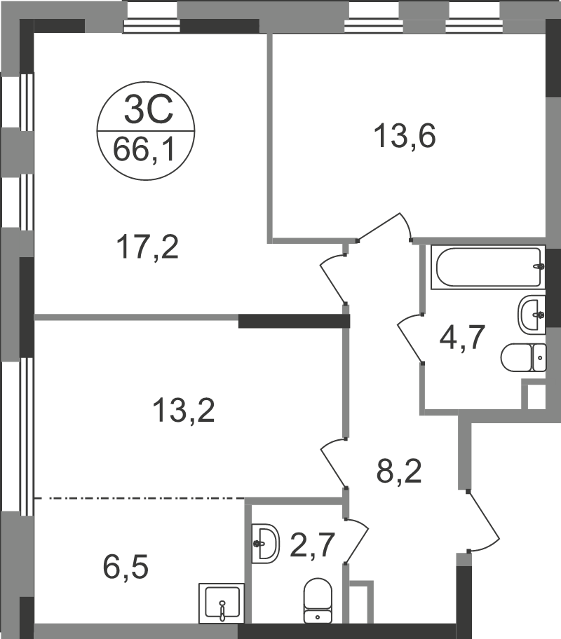 3 ккв (Евро) 66,1 м²