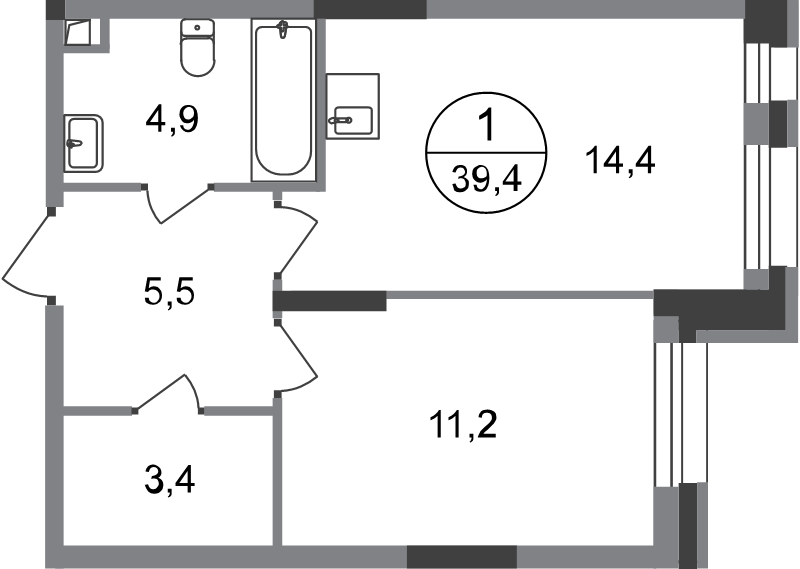 1 ккв 39,4 м²