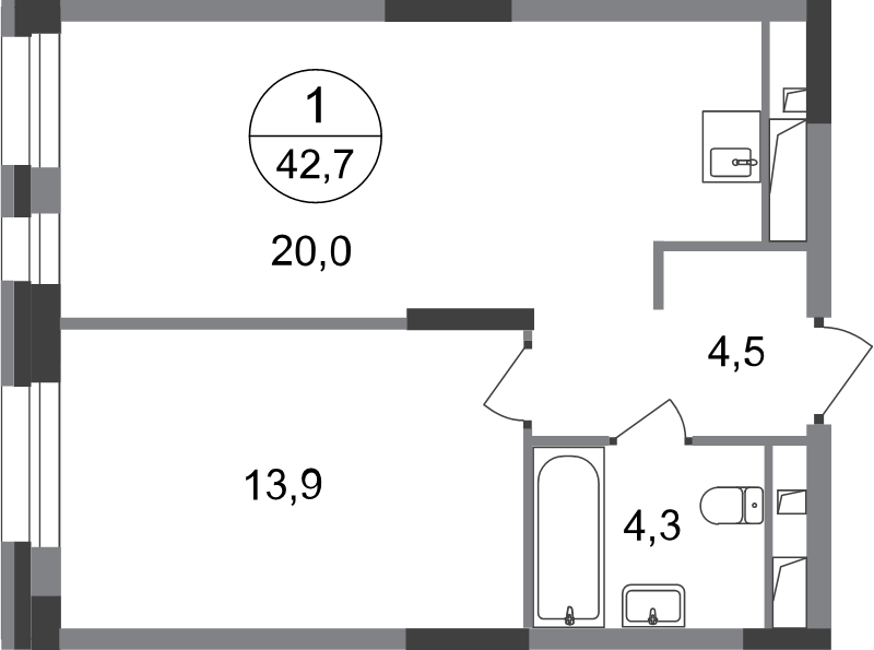 2 ккв (Евро) 42,7 м²