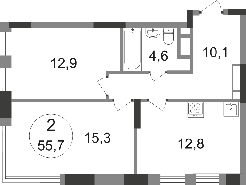 2 ккв 55,7 м²