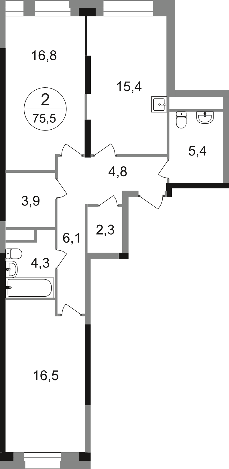 3 ккв (Евро) 76,5 м²