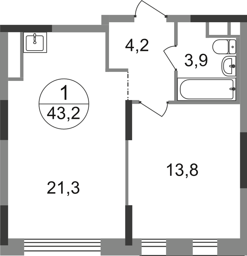 2 ккв (Евро) 43,2 м²