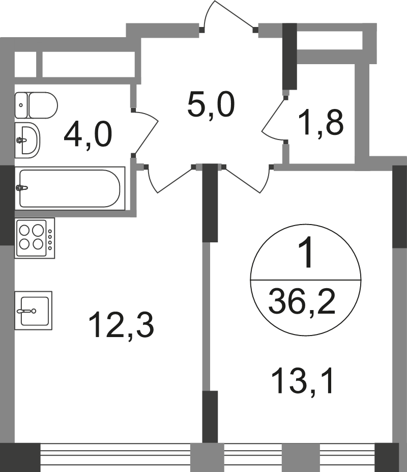 1 ккв 36,4 м²