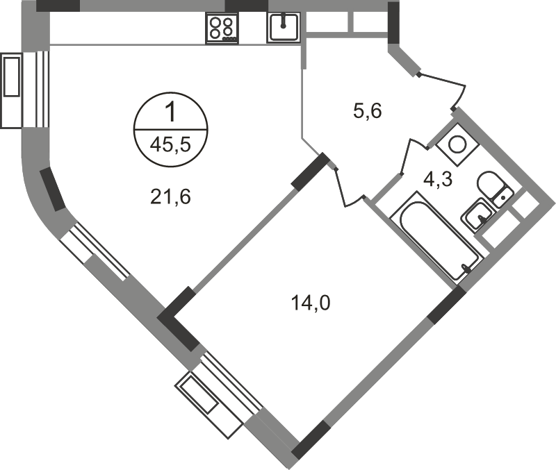 2 ккв (Евро) 45,5 м²