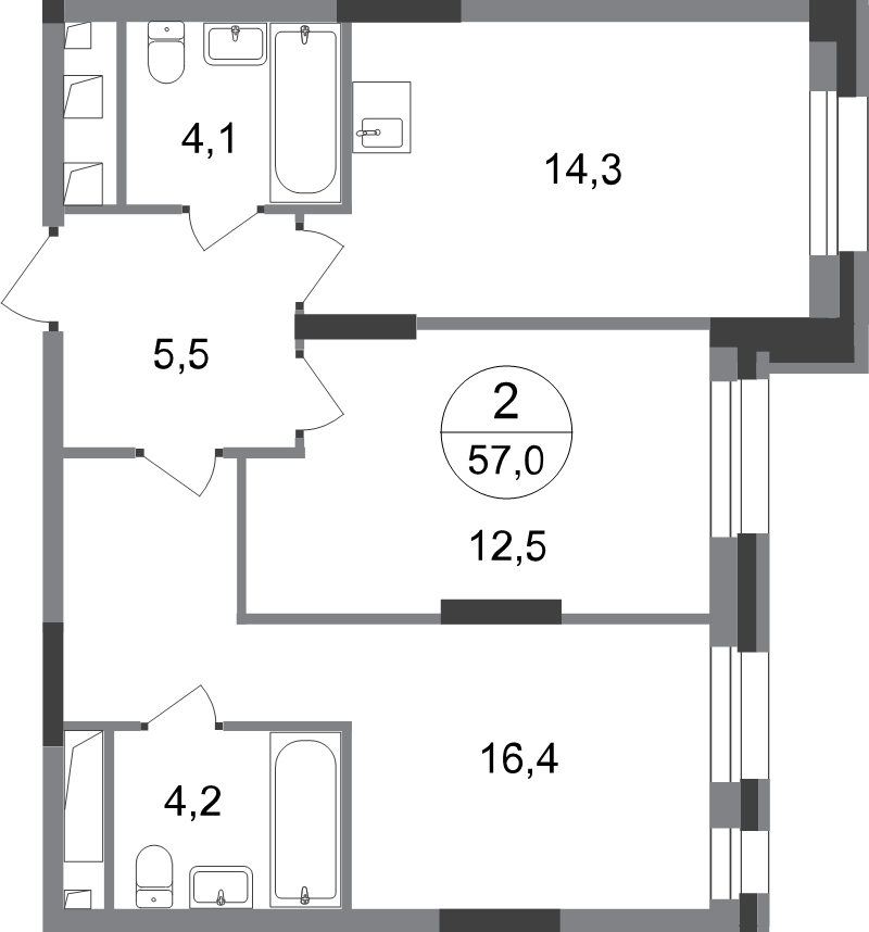 2 ккв 57 м²