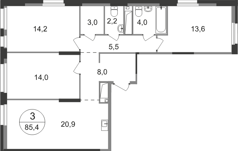4 ккв (Евро) 85,4 м²