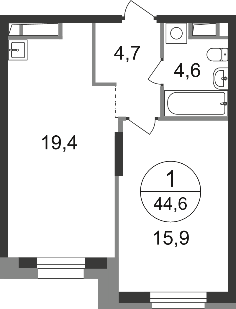 2 ккв (Евро) 44,6 м²