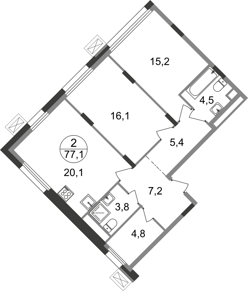 3 ккв (Евро) 77,1 м²