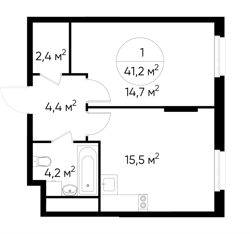 2 ккв (Евро) 41,2 м²