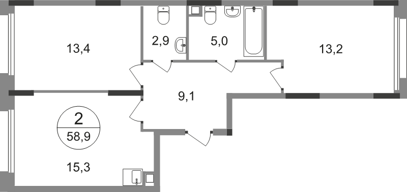 3 ккв (Евро) 58,9 м²