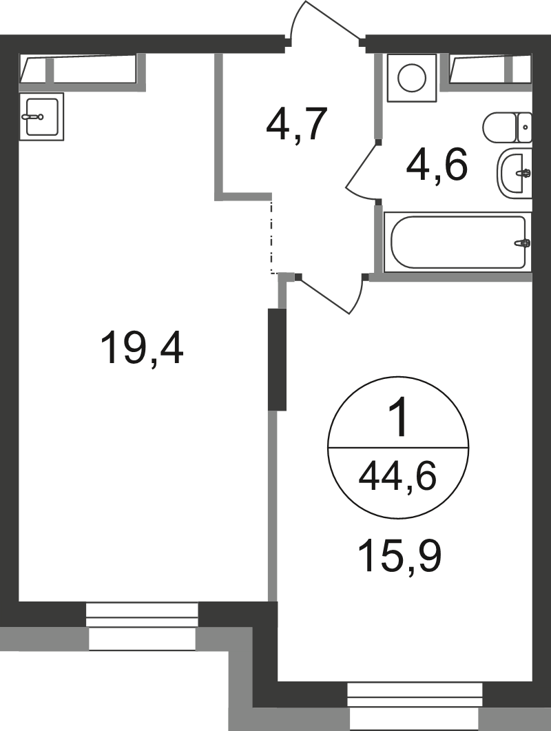 2 ккв (Евро) 44,6 м²