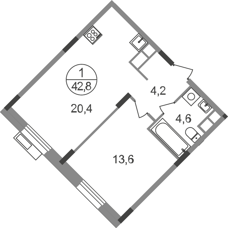 2 ккв (Евро) 42,8 м²