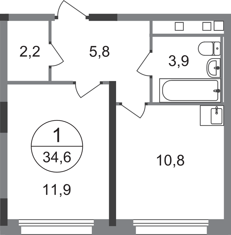1 ккв 34,6 м²