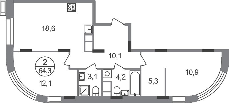 3 ккв (Евро) 64,3 м²