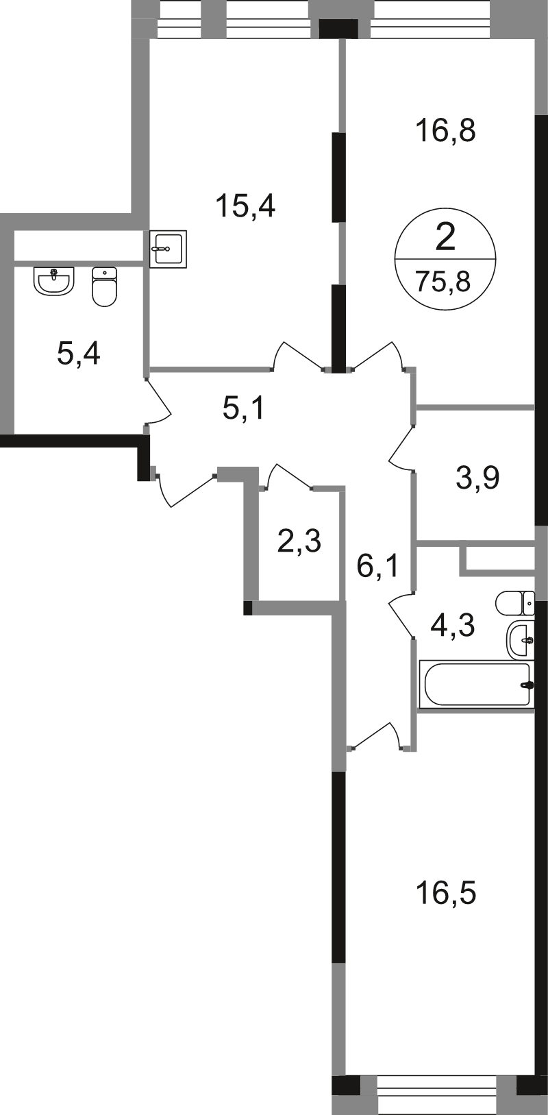 3 ккв (Евро) 76,7 м²