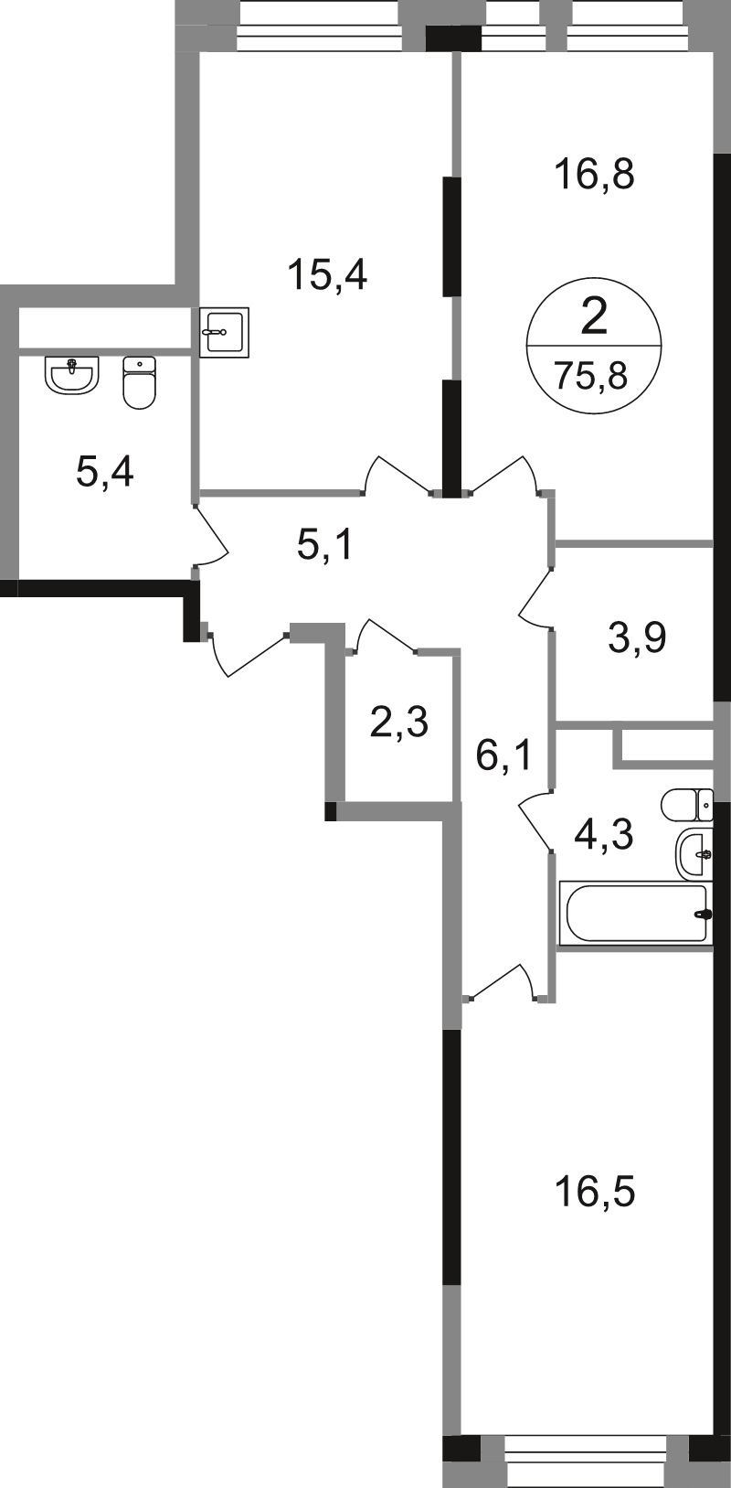 3 ккв (Евро) 76,7 м²