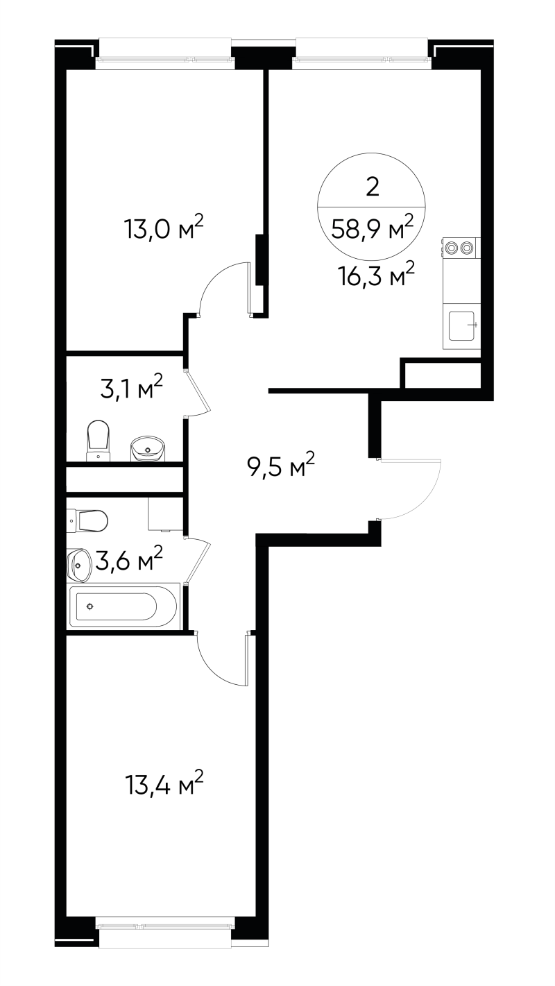 3 ккв (Евро) 58,9 м²