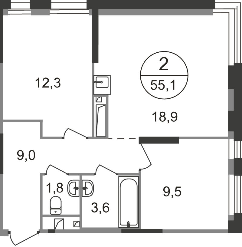 3 ккв (Евро) 55,1 м²