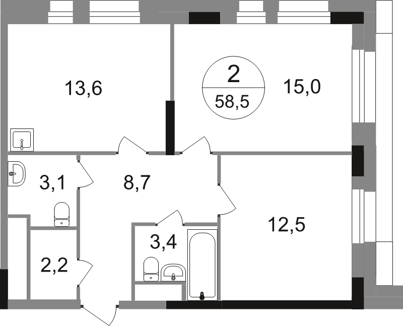 2 ккв 58,5 м²