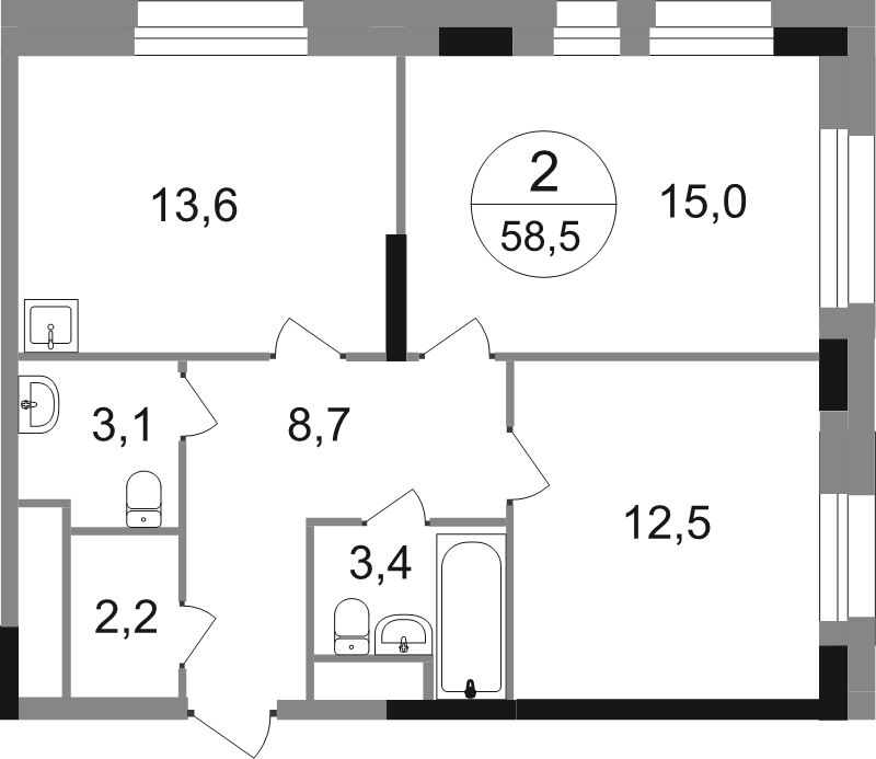 2 ккв 58,5 м²
