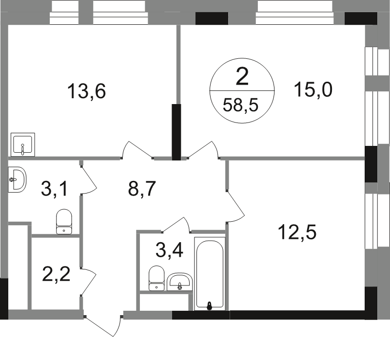 2 ккв 58,5 м²