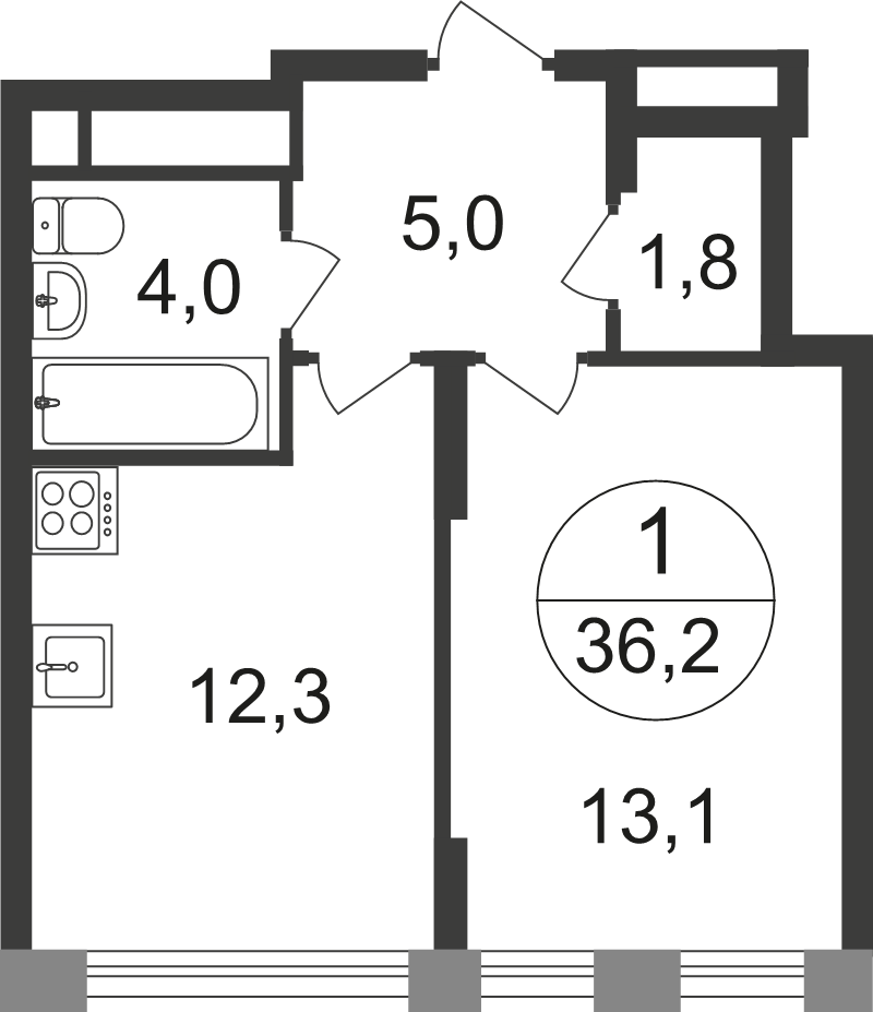 1 ккв 36,4 м²